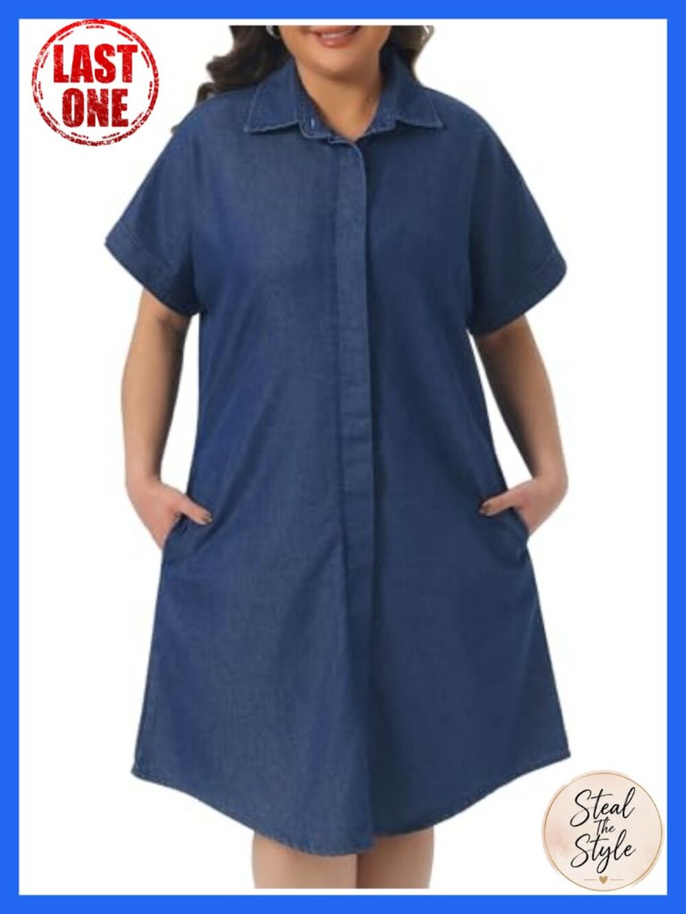 Plus Size Midi Denim Shirt Dress Short Sleeve A-Line Casual